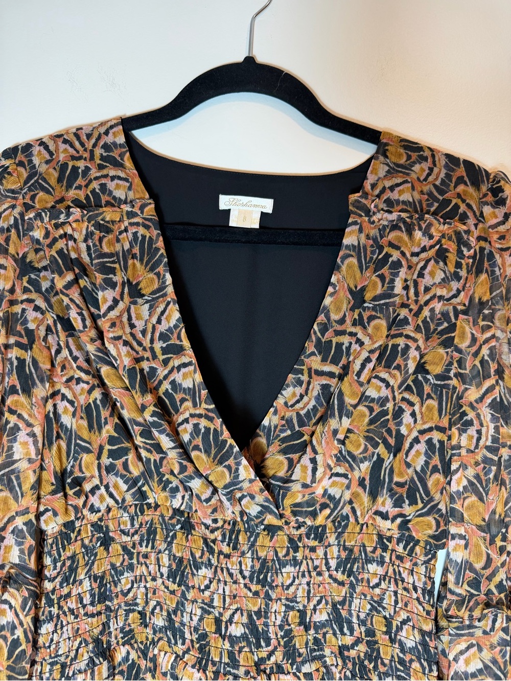 Shoshanna Smocked Waist Black/Brown Floral V-Neck Dress Long Sleeve Size 8 - Picture 2 of 10